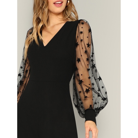 Black Mesh Star Print Sleeves Wide Leg Jumpsuit - Picture 5 of 7